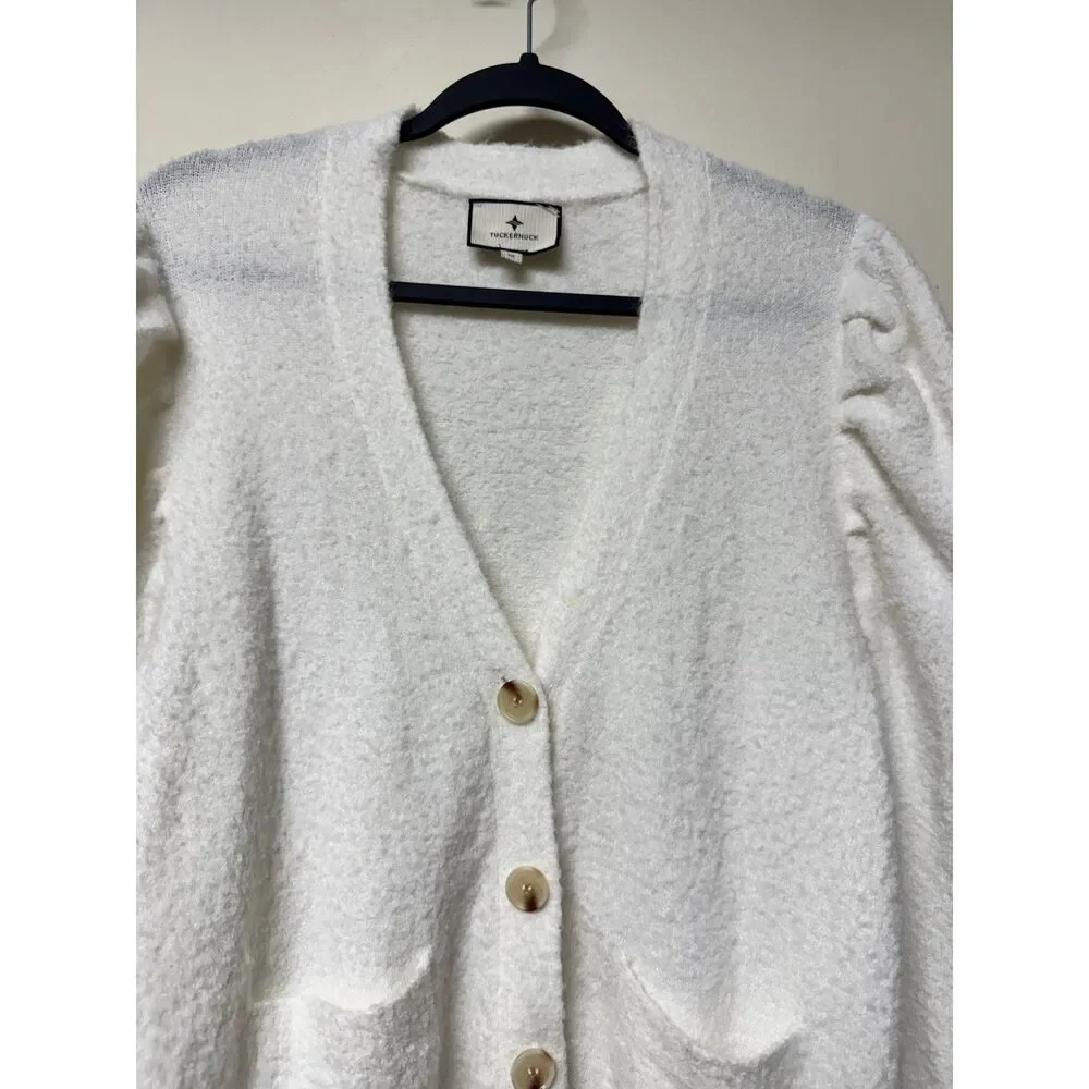 TUCKERNUCK Pippa Fuzzy Cardigan Sweater, Wool/Mohair Blend, Ivory, Sz M